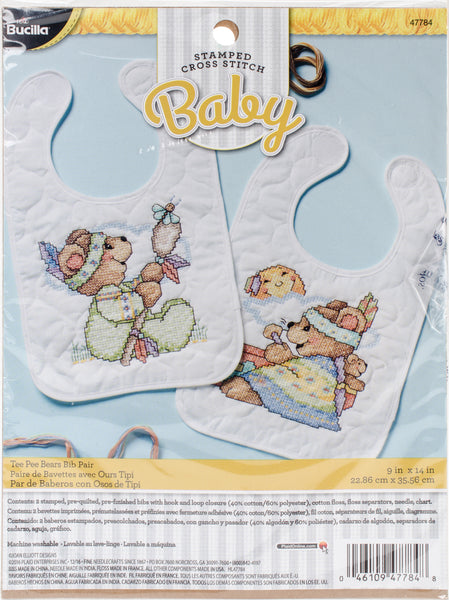 Bucilla Stamped Bib Cross Stitch Kit 9"X14" 2/Pkg-Tee Pee Bears