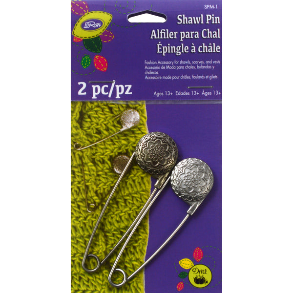 LoRan Metal Shawl Pin 2/pkg-Pewter & Nickel Engraved Vintage Flower