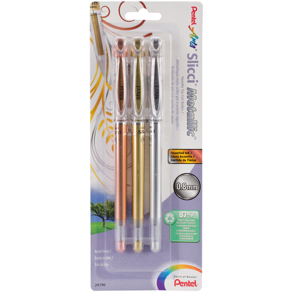 Pentel Slicci Metallic Gel Pens .8mm 3/Pkg-Gold, Silver & Bronze Inks
