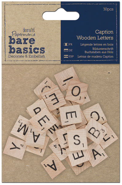 Papermania Bare Basics Wooden Letters 30/Pkg-Caption Natural Square Tiles