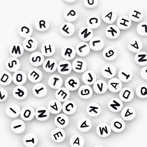 Alphabet Beads 7mm 150/Pkg-White Round W/Black Letters