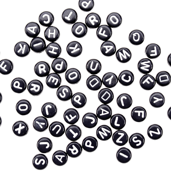 Alphabet Beads 7mm 150/Pkg-Black Round W/White Letters