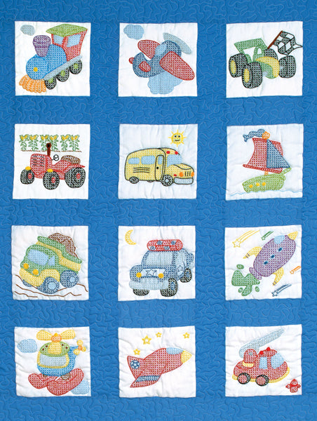 Jack Dempsey Stamped White Nursery Quilt Blocks 9"X9" 12/pkg-Transportation
