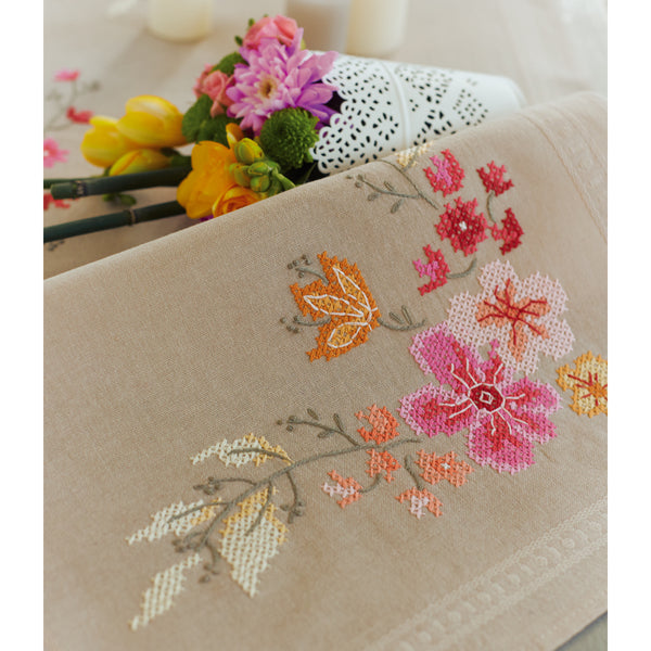 Pink Flowers Table Runner Stamped Cross Stitch Kit-16"X40"