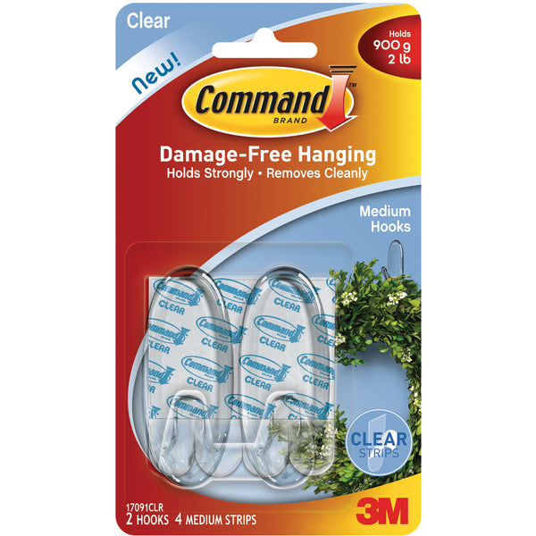Command Medium Hooks-Clear 2 Hooks & 4 Strips