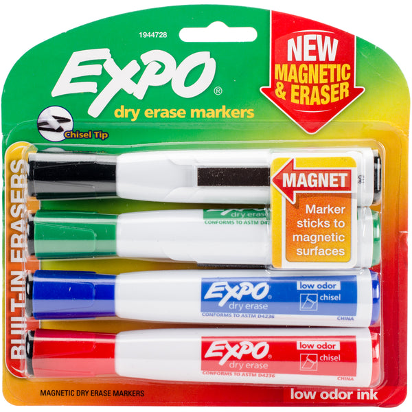 Expo Magnetic Dry Erase Chisel Marker With Eraser 4/Pkg-Assorted