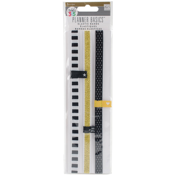 Create 365 Happy Planner Elastic Bands 3/Pkg-Black/White, Gold, Black W/Dots