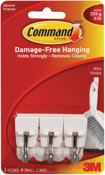 Command Small Wire Hooks-White 3 Hooks & 4 Strips