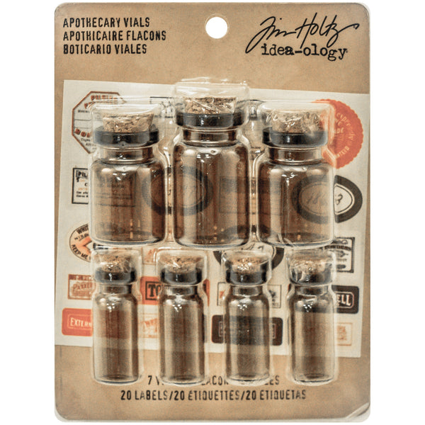 Idea-Ology Corked Glass Vials 7/Pkg-Apothecary Amber W/Vintage Labels