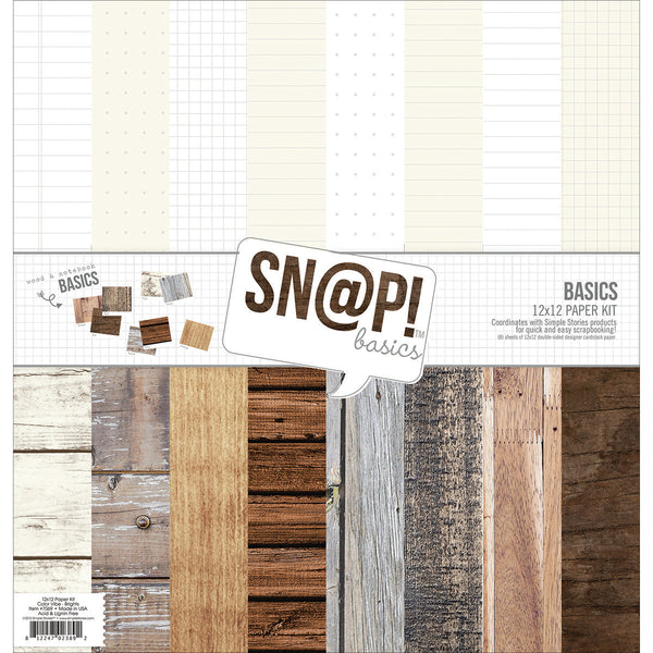 Simple Stories Double-Sided Paper Pack 12"X12" 8/Pkg-Sn@p! Wood & Notebook Basics, 8 Des/1 Ea