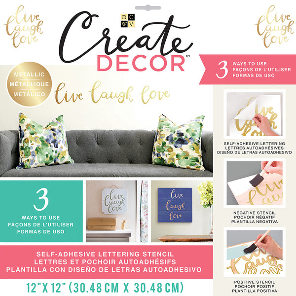 DCWV Create Decor Self-Adhesive Lettering & Stencil 12"X12"-Live, Laugh, Love-Gold